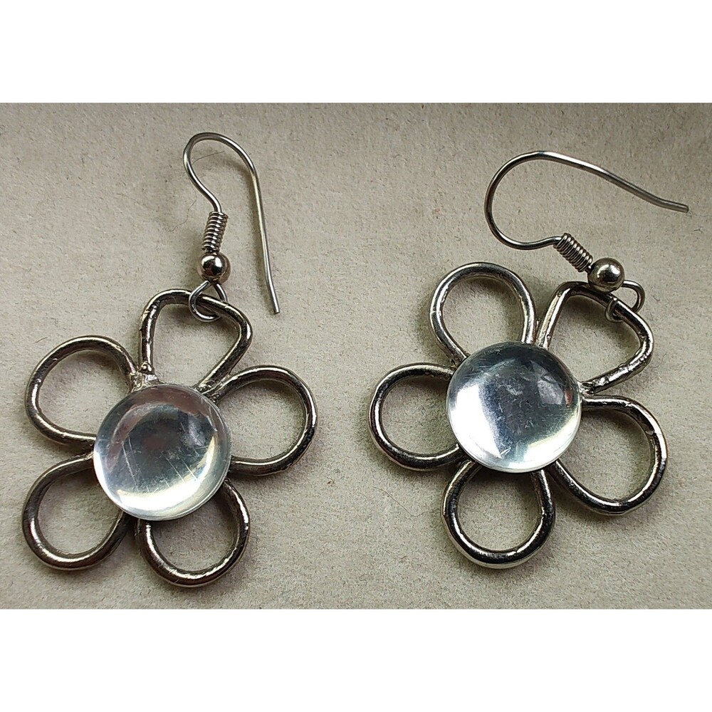 Vintage Silver Tone Flower Daisy Earrings With Clear Cabachon Hippy Bohemian
